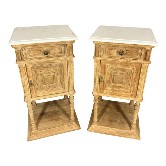 Antique French Bedside Tables in Oak with Marble Top, Set of 2 For Sale