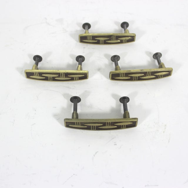 1960s Set of Four Atomic Mid-Century Danish Modern Style Brass Drawer Pulls Rectangular Dresser Handles With Patina and Screws For Sale - Image 5 of 10