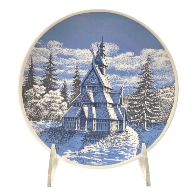 Mid-Century Porsgrund Norway Blue Stave Church Porcelain Decorative Plate For Sale