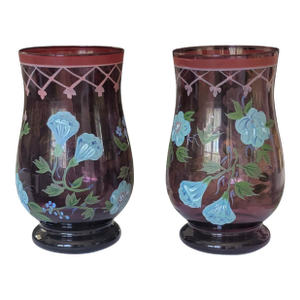 Vintage Hand Painted Botanical Purple Glass Hurricanes- A Pair