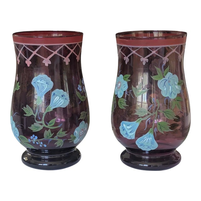 Vintage Hand Painted Purple Glass Hurricanes- A Pair For Sale