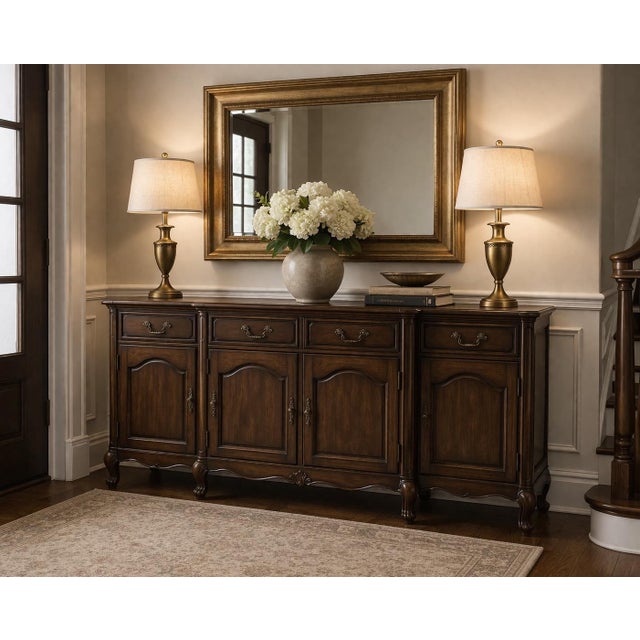 Wood Early 20th Century French Provincial Walnut Sideboard Buffet With Pull-Out Serving Slide — Carved Cabriole Legs, Original Key For Sale - Image 7 of 11