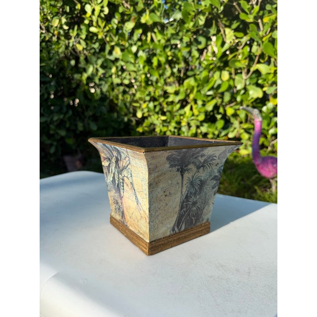 Wood Vintage British Colonial Botanical Decoupage Square Cachepot With Antiqued Gold Trim For Sale - Image 7 of 10
