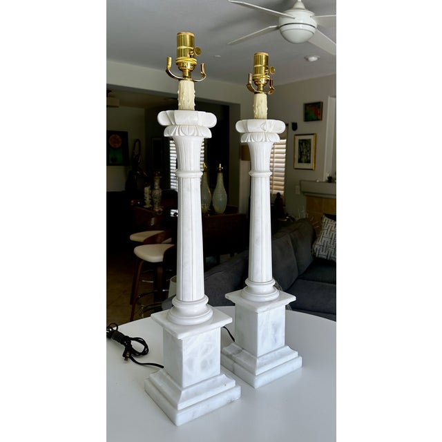 1960s Tall Italian Column Neoclassic Alabaster Table Lamps - a Pair For Sale - Image 9 of 18