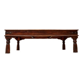 Late 20th Century East Asian Wood Door Coffee Table With Brass-Copper Inlay & Wood Base For Sale