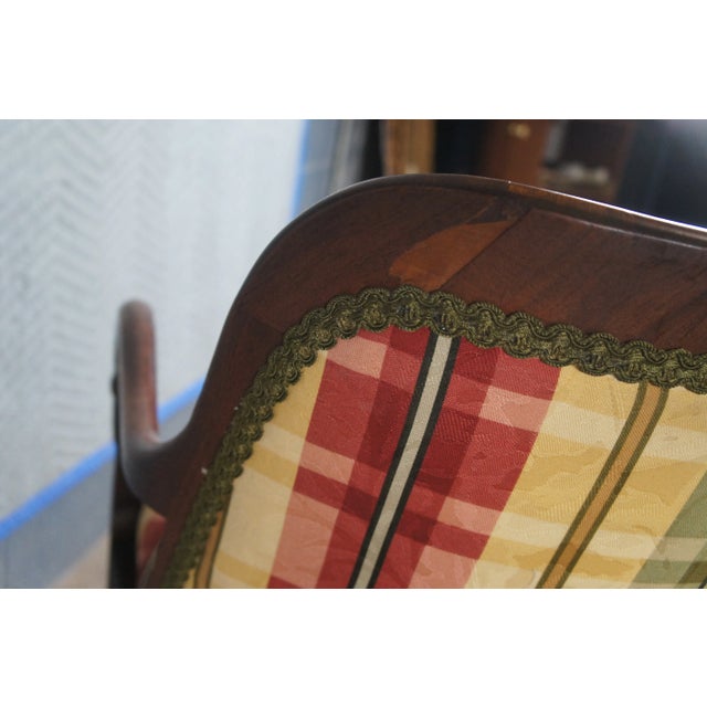 Antique American Empire Mahogany Plaid Scrolled Parlor Armchairs For Sale - Image 12 of 13
