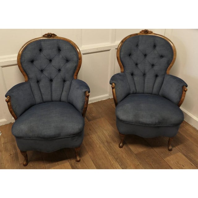 French Walnut Button Back Salon Chairs, Set of 2 For Sale - Image 6 of 9