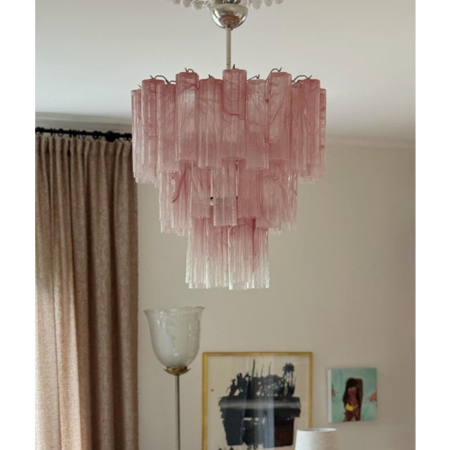 Large Pink Murano Glass Prisms Tube Chandelier For Sale - Image 6 of 8