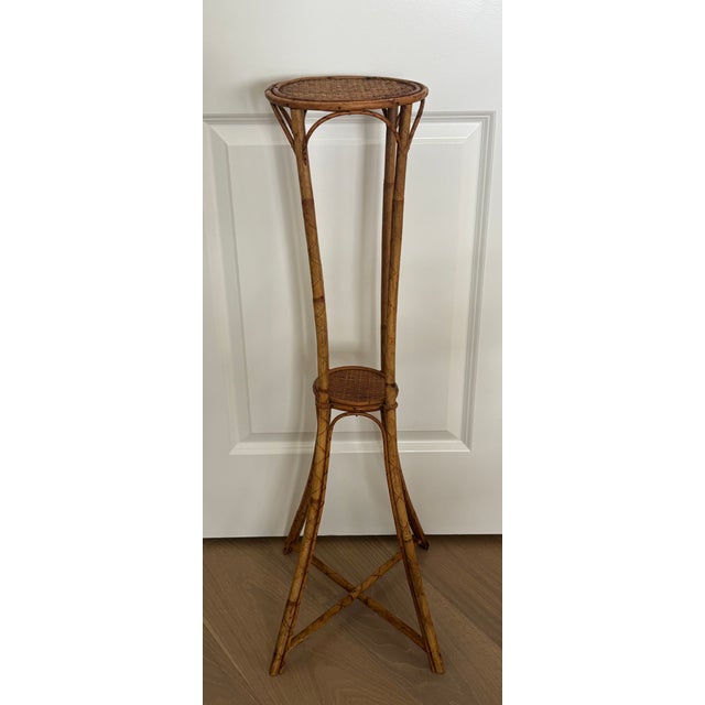 Vintage Palm Beach Style Rattan & Bamboo Two-Tiered Plant Stand For Sale - Image 9 of 9