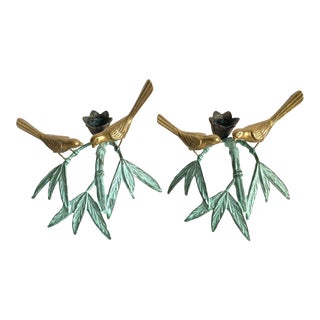 Vintage Bird & Bamboo Brass Candlestick Holders Chinoiserie Hollywood Regency a Pair For Sale