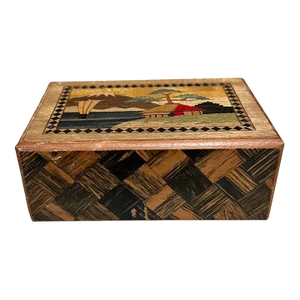 Mid-Century Modern Japanese Secret Puzzle Box Wood Inlay Mt Fuji Floral
