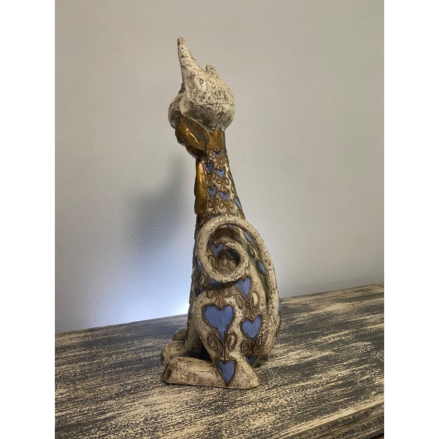 Vintage Jeanne Valentine–Attributed Cream, Gold and Blue Papier-Mâché Cat Sculpture For Sale - Image 4 of 6
