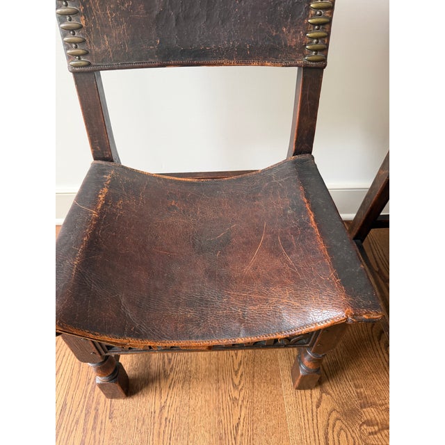 Early 20th Century Spanish Baroque Revival Oak and Leather Side Chairs, a Pair For Sale - Image 12 of 14