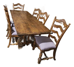 Late 19th Century French Provincial Walnut Farmhouse Dining Table With Six Ladder-Back Chairs