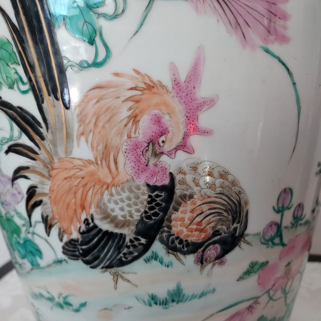 Vintage Large Chinoiserie Vase Hand Painted Rooster Hen Floral Gilded 16" Tall Signed For Sale - Image 15 of 18