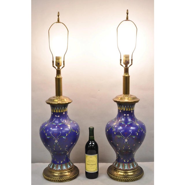 Vintage Chinoiserie Blue Enamel Chinese Brass Jardinierie Oriental Table Lamps - a Pair. Circa Mid 20th Century....