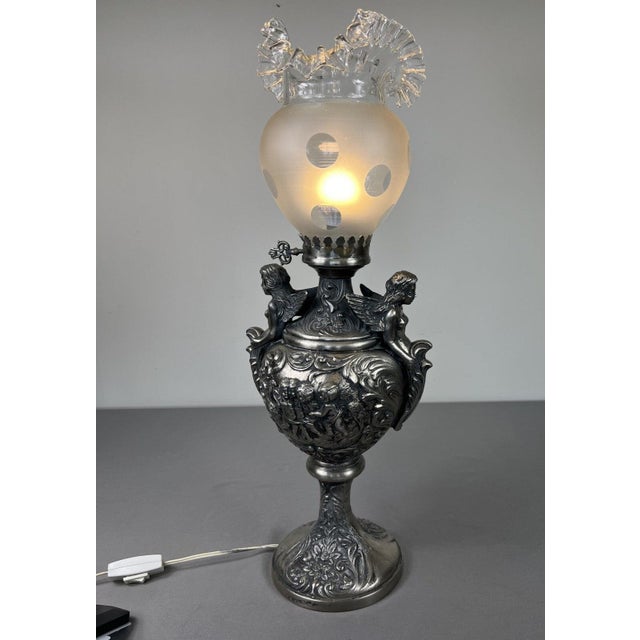 Antique Pewter Angel Lamp with Pleated Glass For Sale - Image 17 of 18