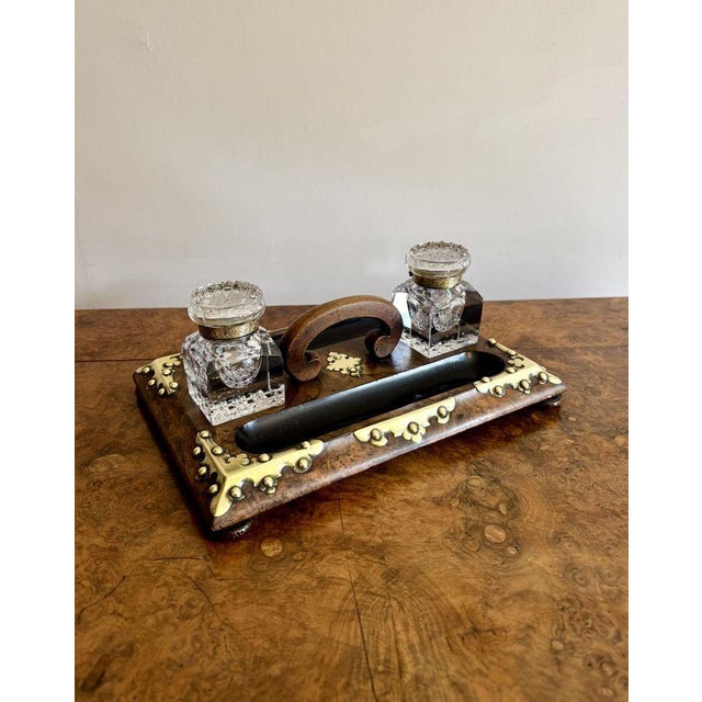 Antique Victorian Burr Walnut and Brass Mounted Double Sided Desk Set, 1860, Set of 3 For Sale - Image 4 of 8