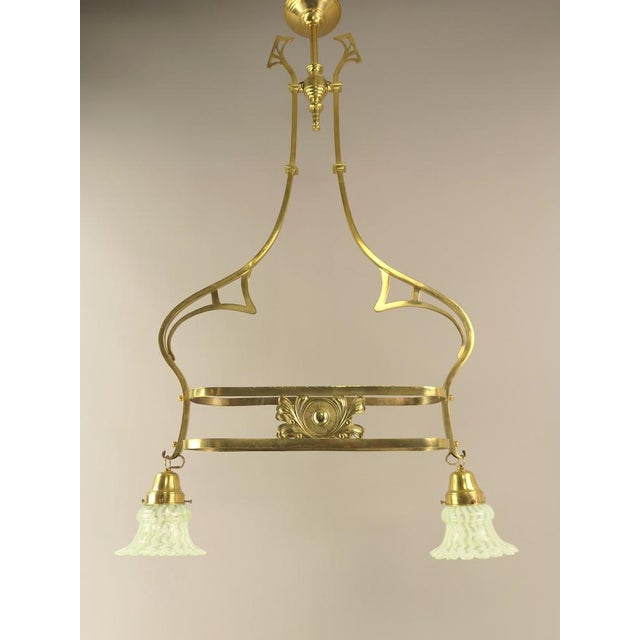 Art Nouveau Brass Chandelier with Vaseline Glass Lampshades, England, 1910s For Sale - Image 10 of 10
