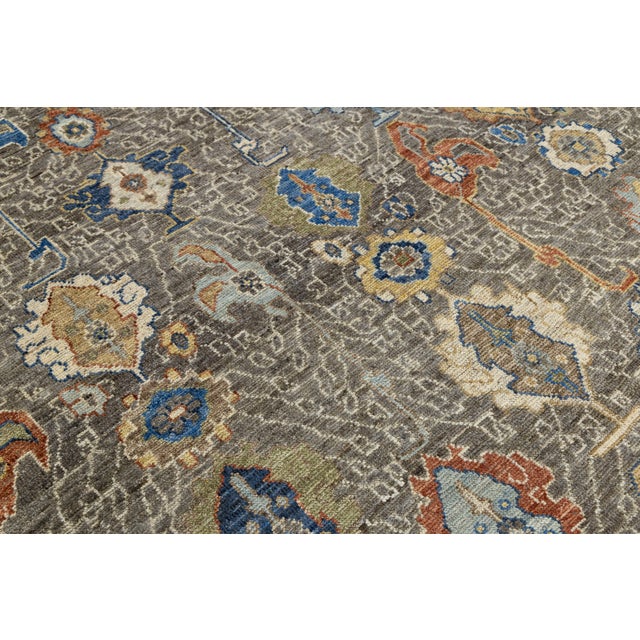 Textile Modern Oushak Style Hand-Knotted Wool Rug in Taupe, Indigo, and Ochre Accents For Sale - Image 7 of 12