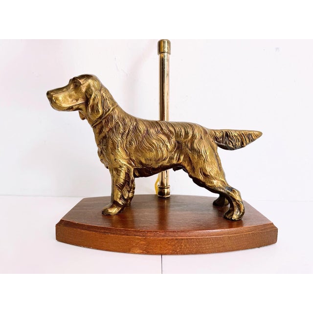 Fun and fabulous mid century desk lamp featuring a cast metal three dimensional golden retriever dog standing in profile...