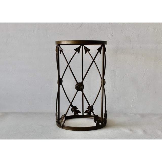 Bronze 1980s Vintage French Empire Style Arrows Target Brushed Patina Bronze Finish Metal Glass Side Drinks Table For Sale - Image 8 of 12