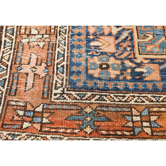 19th Century Persian Heriz Karajeh Rug, Hand-Knotted Wool, Geometric Pattern, Blue & Green, 4x5 For Sale - Image 15 of 16