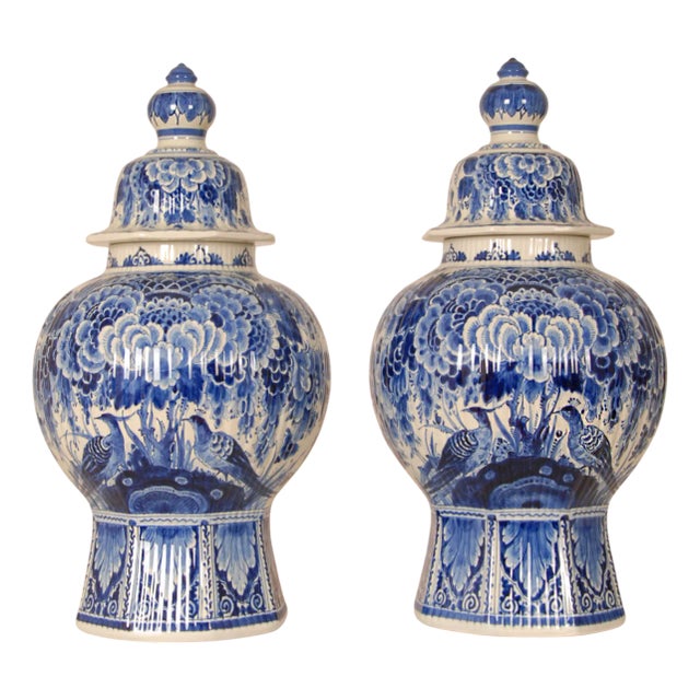 Blue and White Chinoiserie Earthenware Lidded Vases from Royal Delft, 1940s, Set of 2 For Sale