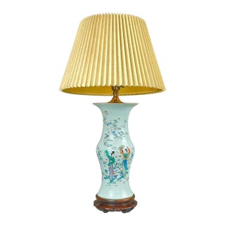 Vintage Chinese Celadon-Ground Famille Rose Celestial Figure Porcelain Table Lamp For Sale