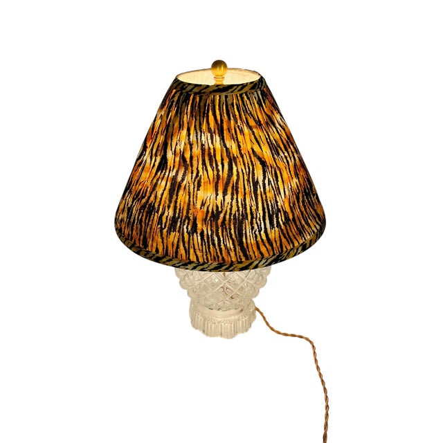 Vintage Pressed Glass Table Lamp With Custom Scalamandre Style Tiger Print Shade For Sale - Image 9 of 11