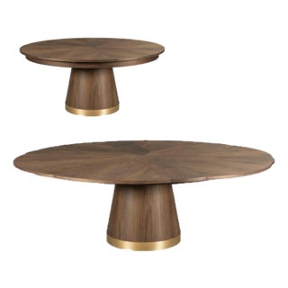 Rawlins Modern Jupe Table With Self-Storing Leaves, Variagated Wood Grain, Contemporary Expanding Pedestal Table For Sale