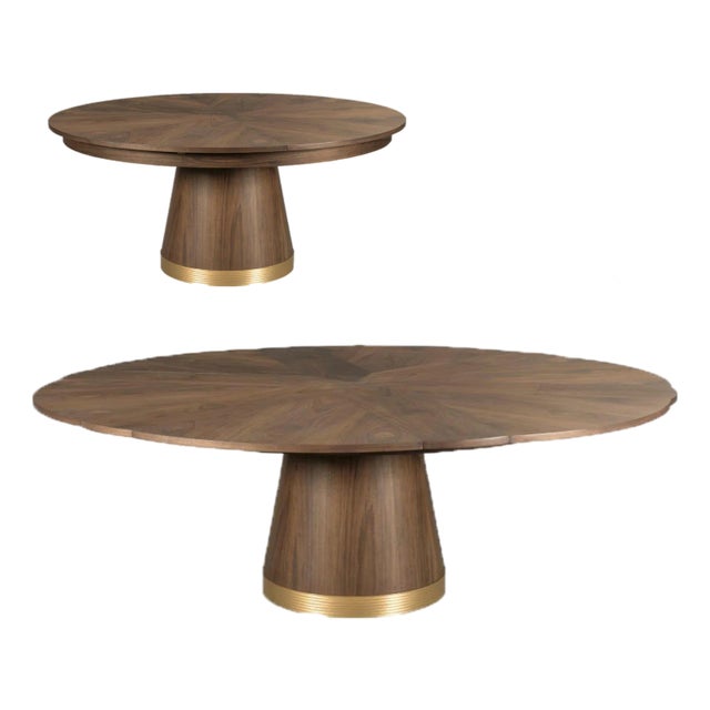 Rawlins Modern Jupe Table With Self-Storing Leaves, Variagated Wood Grain, Contemporary Expanding Pedestal Table For Sale