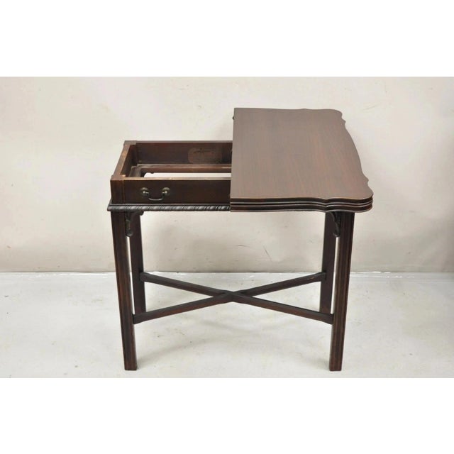 Antique Georgian Chippendale Style Mahogany Convertible Flip Top Console Game Table. Item features faux drawer, spin and...