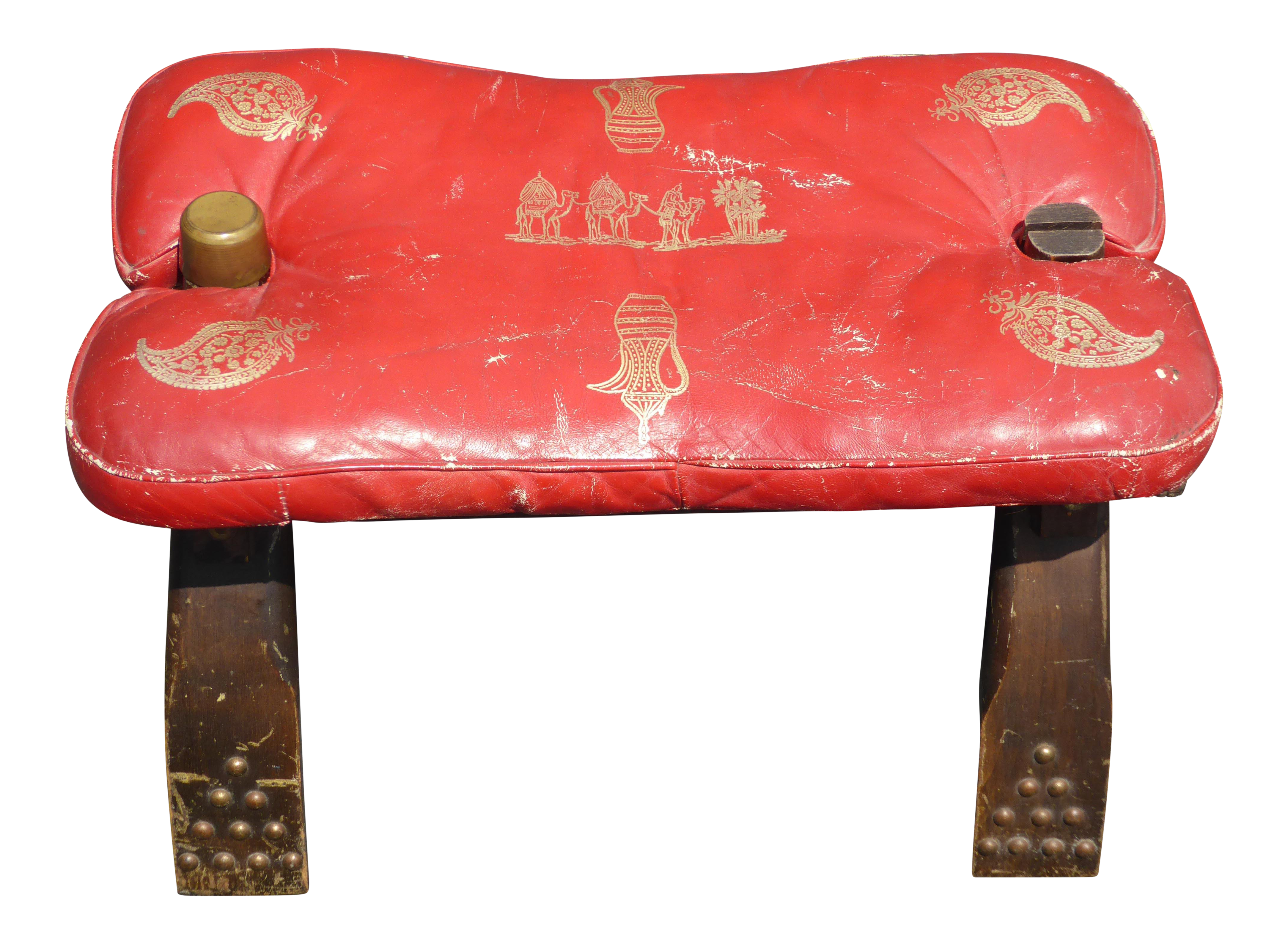 Vintage Moroccan Red Leather Gold Gilt Foot Stool Bench W Camel Cushion Chairish