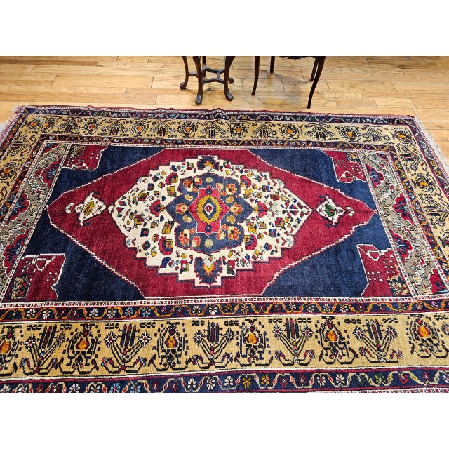 Textile Vintage Turkish Oushak Area Rug, Hand-Knotted Geometric, Navy & Red, 6' x 9' For Sale - Image 7 of 17