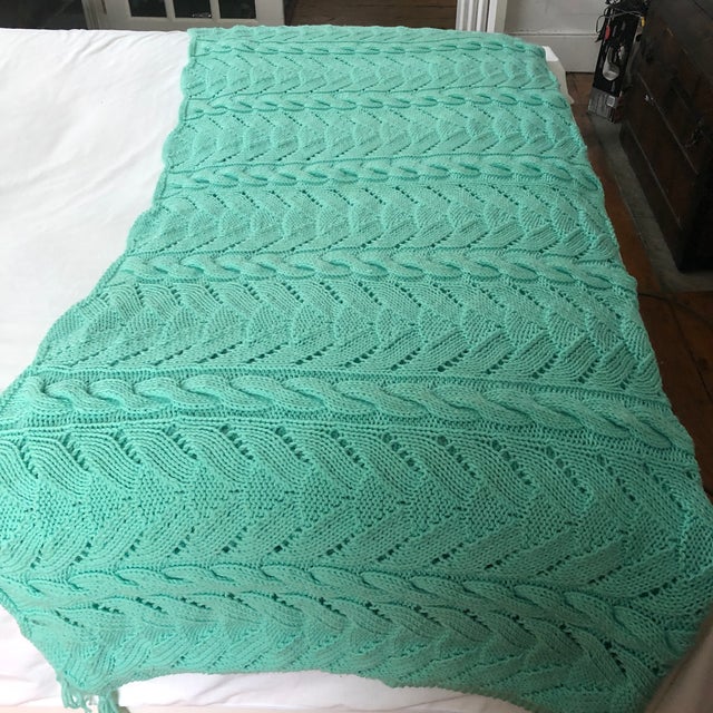 Green Knitted Handmade Bed Cover / Throw For Sale In New York - Image 6 of 8