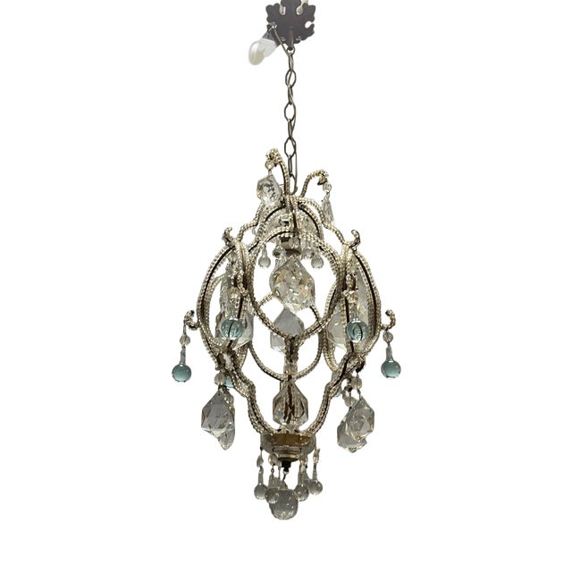 Crystal Beaded Light Pendant with Light Blue Murano Glass Tear Drops, 1960s For Sale