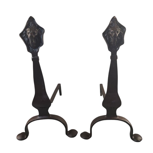 Antique Arts & Crafts Hand Forged Iron Figural Lions Head Fireplace Andirons Marked- a Pair For Sale - Image 10 of 11