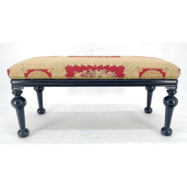 Wood Tapestry Upholstery Massive Turned Black Lacquer Legs Window Bench MINT For Sale - Image 7 of 14