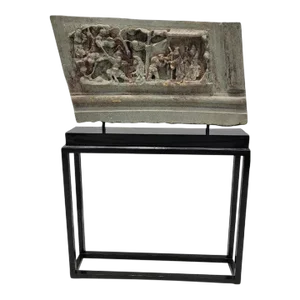 16th Century Chinese Hand Sculpted Grey Stone Panel With Stand