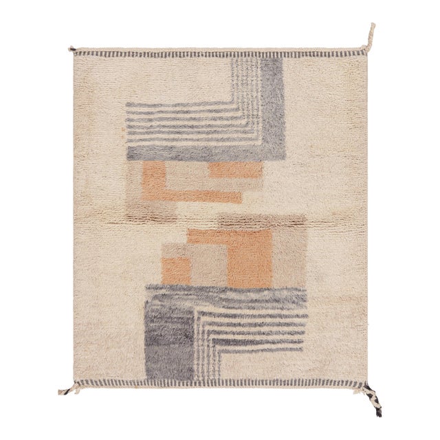 Rug & Kilim’s Moroccan Rug in Cream White With Art Deco Style Geometric Patterns For Sale