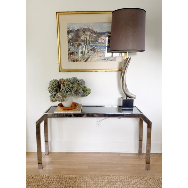 Mid-Century Modern Beautiful Postmodern Chrome and Smoke Mirror Console in Style of Leon Rosen for Pace For Sale - Image 3 of 5
