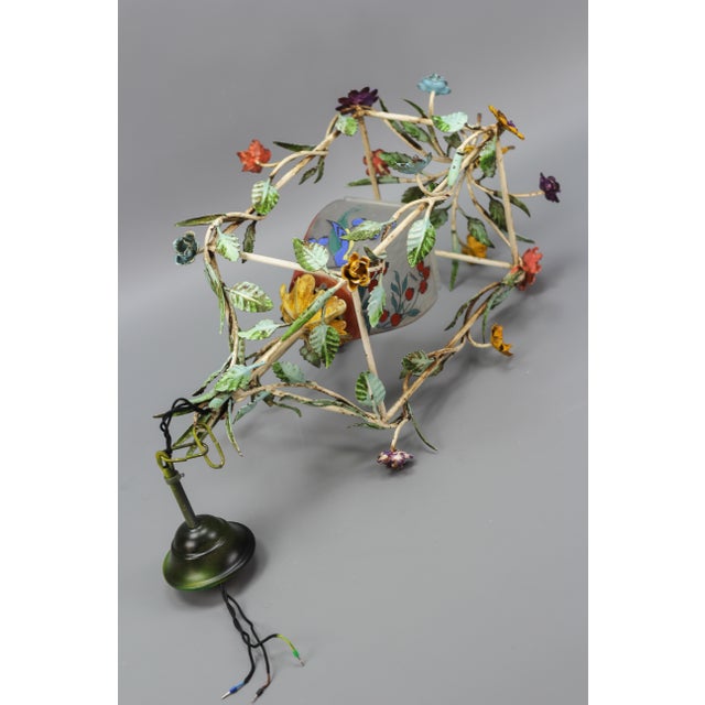 French Tole and Glass Polychrome Pastel Flower Cage Pendant Light, 1950s For Sale - Image 16 of 18