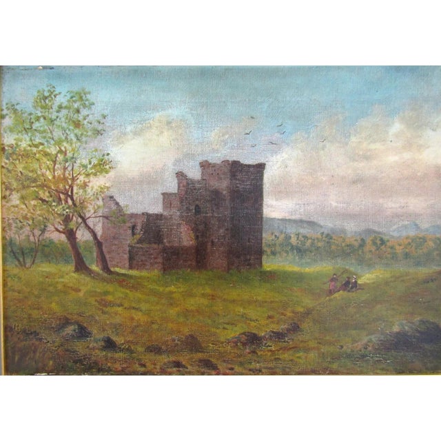 Victorian Victorian Original Oil Painting Castle Ruins With People in Gold Gild Frame For Sale - Image 3 of 10