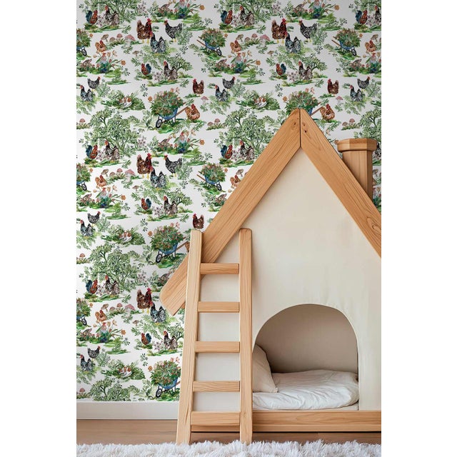 Cluckingham Farm Toile Grasscloth Wallpaper by House Party | Egg White | 8 Yards For Sale In Charlotte - Image 6 of 10