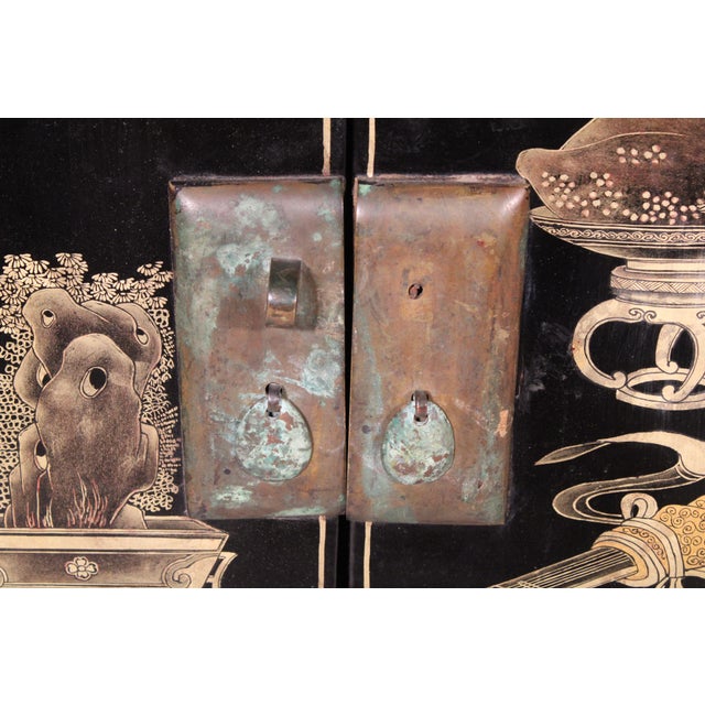 Chinese Black Lacquer and Gilt Decorated Trunk on Stand For Sale - Image 9 of 10