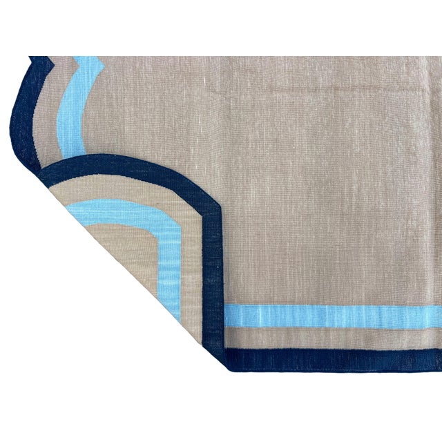Casa Cosima Handmade Cotton Vegetable Dyed Scalloped Rug Muddy Beige, Sky and Navy Blue Border - 10'x14' For Sale - Image 4 of 11