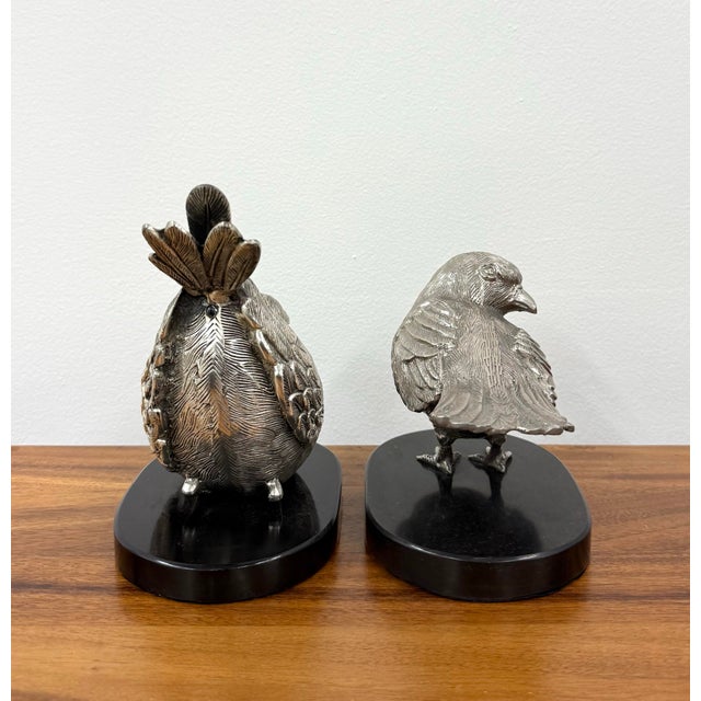 Metal Mid 20th Century Solid Metal Bird Sculptures on Stone Base - Pairs For Sale - Image 7 of 7