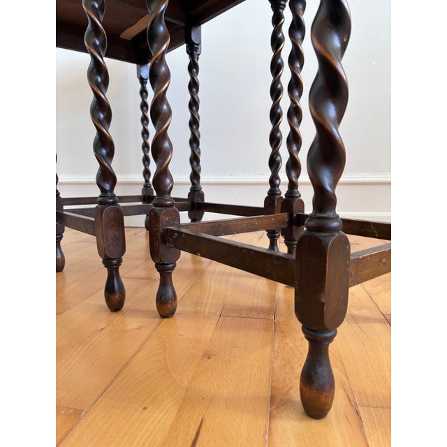 English Vintage Set of 3 Barley Twist Walnut Nesting Side Tables, English 1940s For Sale - Image 3 of 15
