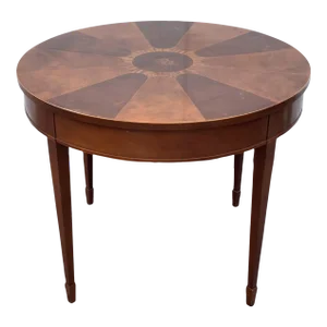 Mid 20th Century Vintage Baker Round Sunburst Flame Mahogany Banded and Inlaid Center Hall Table